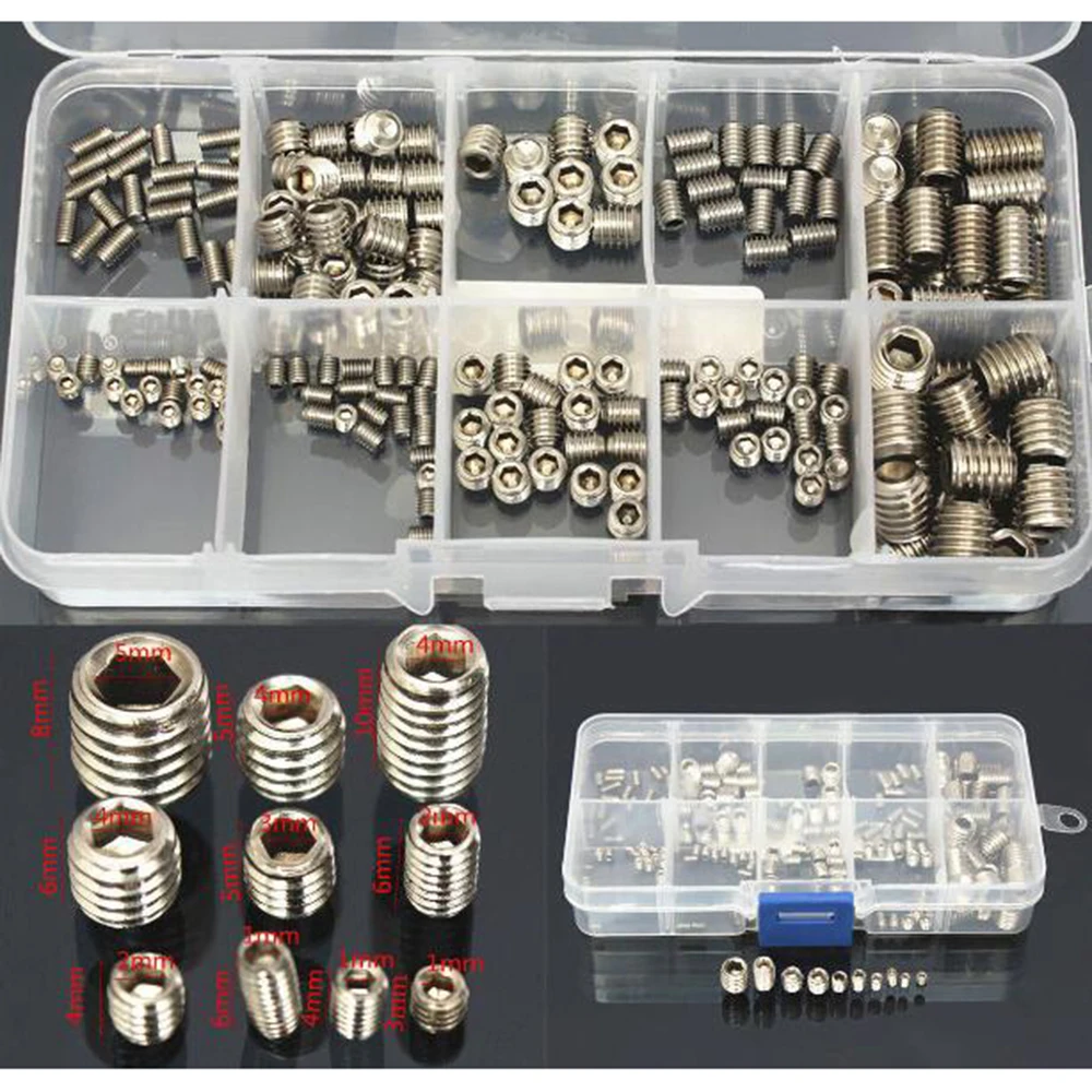 200pcs Stainless Steel Allen Head Socket Hex Grub Screws Fastening Screw Flat Assortment Set