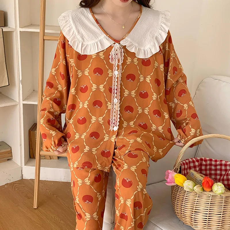 Long Sleeved Pants Pajamas Suit Round Neck Doll Collar Cardigan Nightie French Princess Style Lace Ribbon Cotton Silk Home Wear
