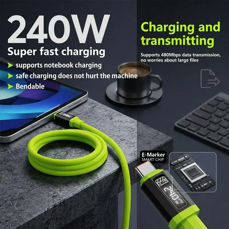 240W 타입-C to 타입-C 1.5m USB 충전 케이블 고속 충전 실시간 전력 표시 기능 (여행, 사무실, 학생용)