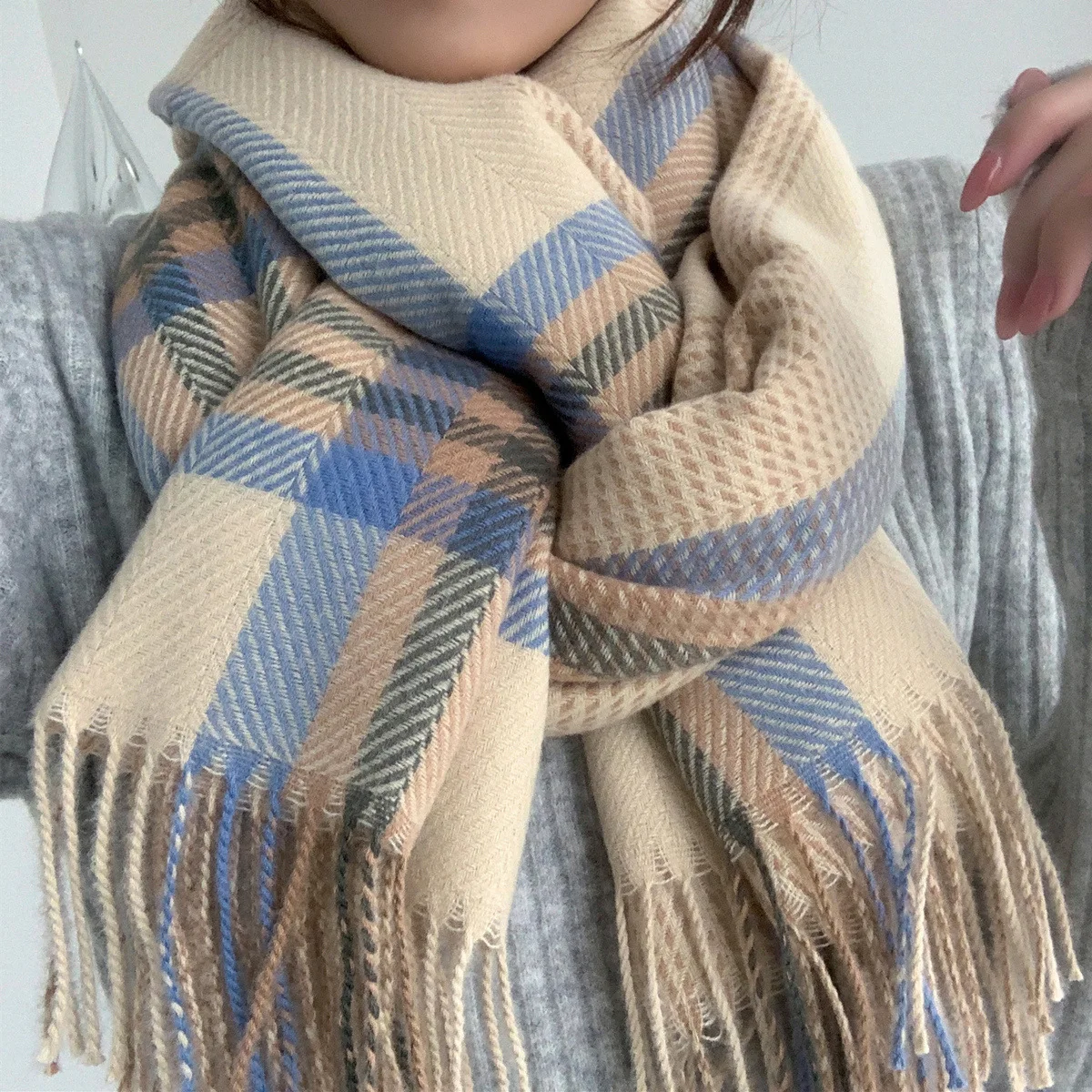 Long Plaid Cashmere Scarf for Female, College Versatile Shawl, Christmas Scarves, Autumn and Winter, New, Free Shipping