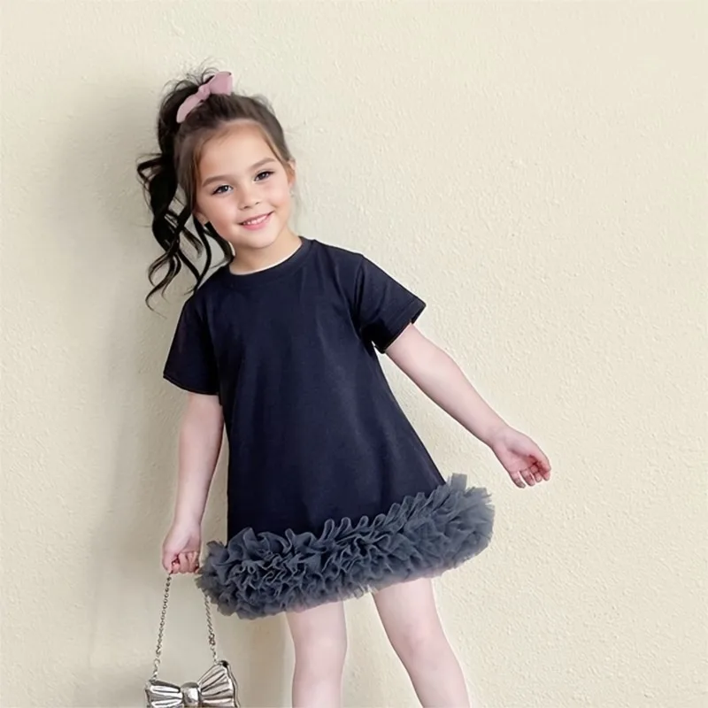 Baby Girl Tshirt Dress Mesh Bottom Summer Infant Toddler Girl Long Tshirt Vestido Short Sleeve Casual Baby Clothes 1-10Y girls dress kids clothes