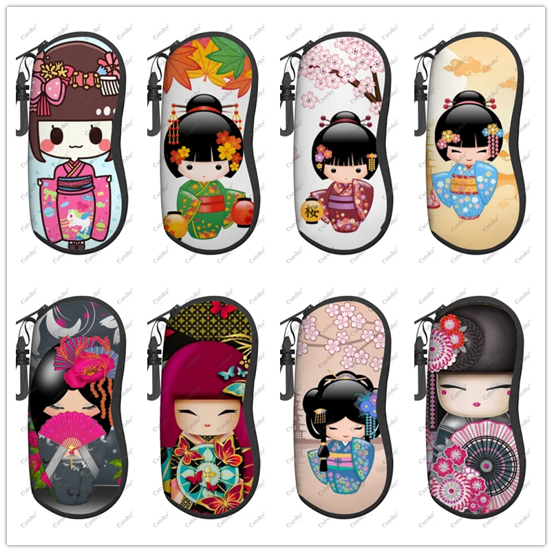 

Japanese Red Sakura Kokeshi Dol Glasses Case Printed Travel Zipper Sunglasses Bag Classic Men's and Women's Storage Glasses Bag