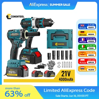 CONENTOOL Cordless Impact Wrench 520Nm 1/2" + Cordless Drill 120Nm 3/8" + 2x 4000mAh Battery + 6 Sockets + Charger + Carry Case