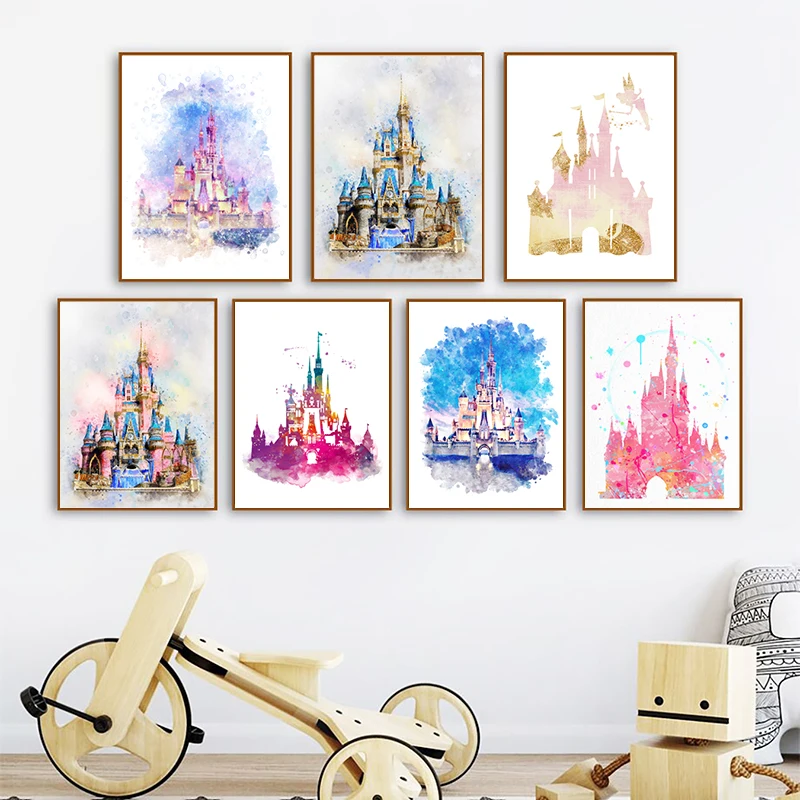 Watercolor Castle Art Princess Nursery Wall Art Print Cartoon Castle