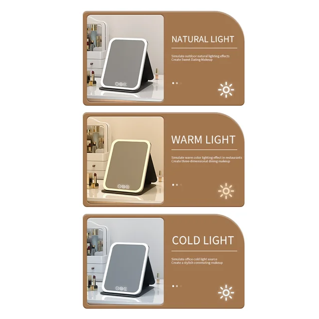 Miroir de maquillage à intensité variable LED, 3 couleurs, mode de lumière, luminosité de la sœur, chargement USB, possède un miroir de courtoisie brittop pour le voyage et la maison 3