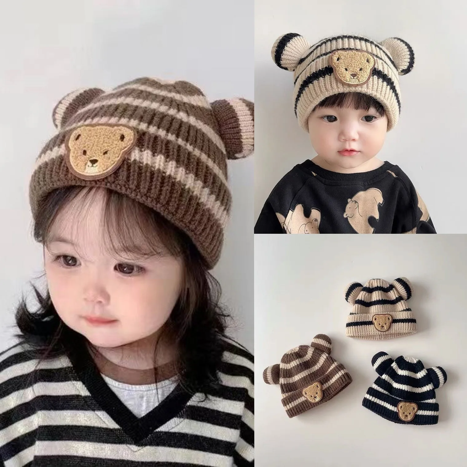 

Winter Baby Beanie Cap Cartoon Bear Ear Protection Knitted Hat for Toddler Boys Girls Cute Korean Warm Kids Crochet Hats Gorros