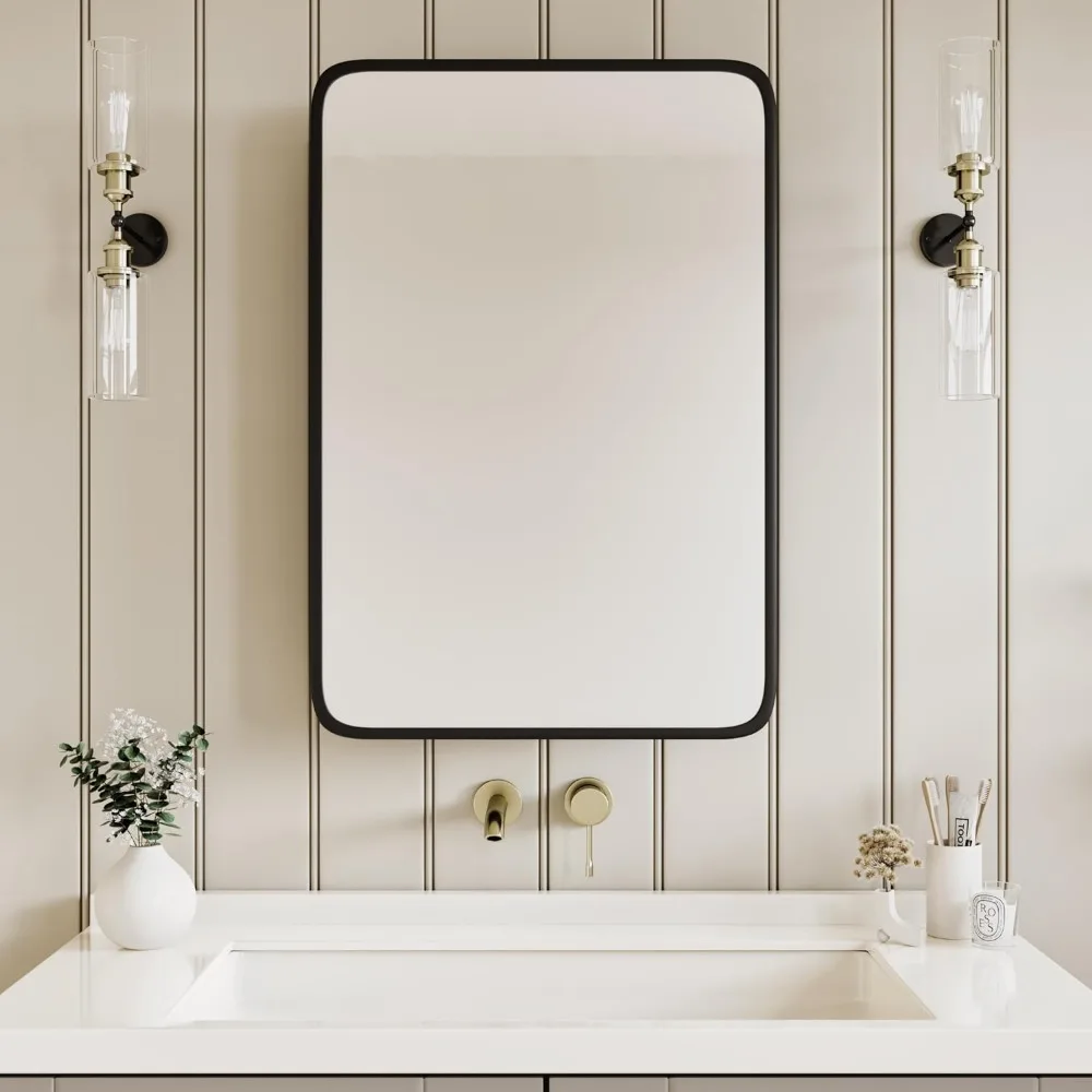 

Vintage-Style Bathroom Wood Wall Cabinet with Black Metal Frame Curved Mirror, Recessed Medicine Cabinet, Bathroom Storage