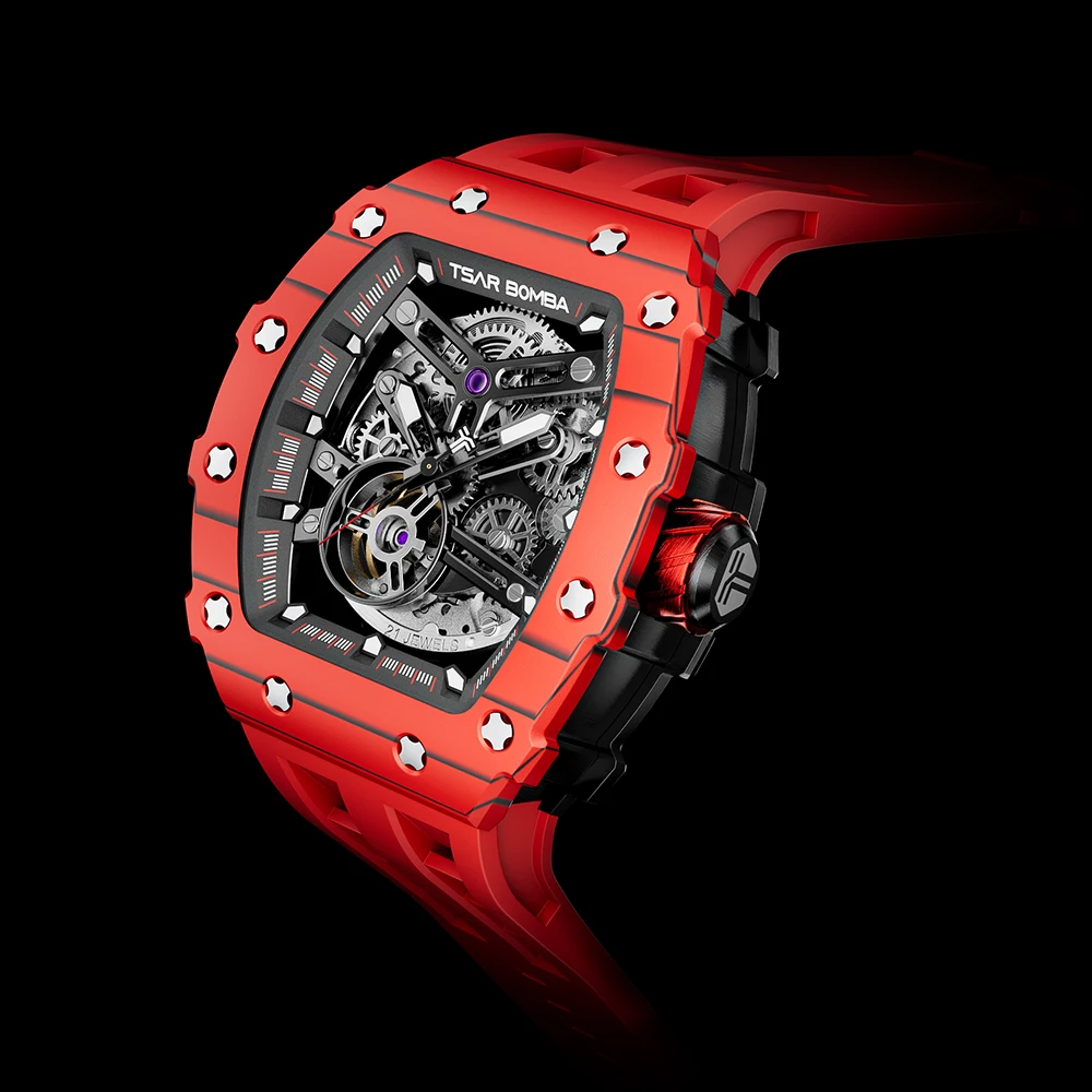 Car BOMBA 2024 nový automatický hodinky muži uhlík vlákno luneta kostlivec luxusní mechanická hodinky hodiny vodotěsný pánská náramkové hodinky