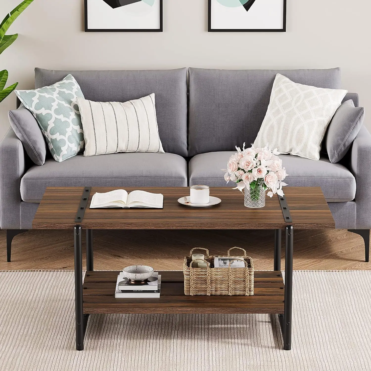 2-Tier Farmhouse 41'' Large Gray Wood Coffee Table with Storage Shelf -Modern Rustic Metal Rectangle Center Living Room