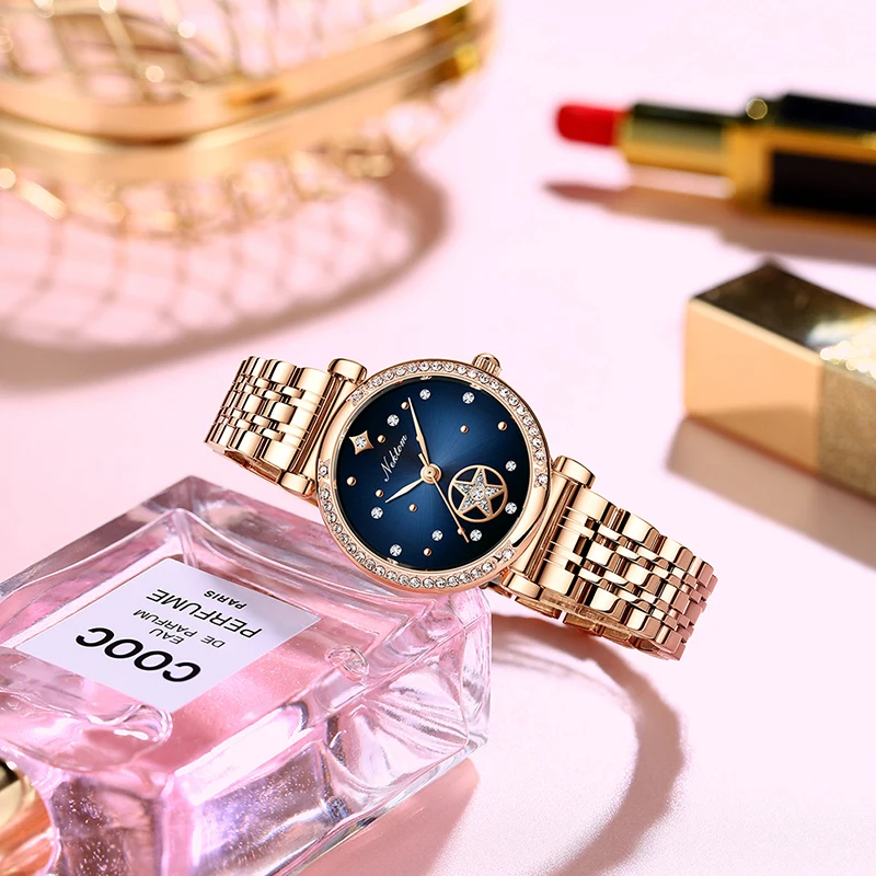 Ladies Luxury Quartz Watch Fashion Star Rhinestone Dial Design Gold Silver Tungsten Steel Strap Woman Elegant Versatile Gift New