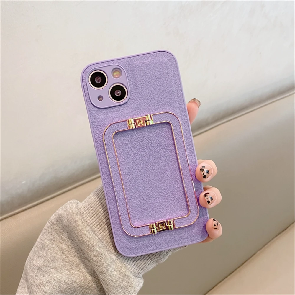 For iPhone 15 14 13 12 11 XS XR 8 7 Luxury Leather Shockproof Square Stand  Case