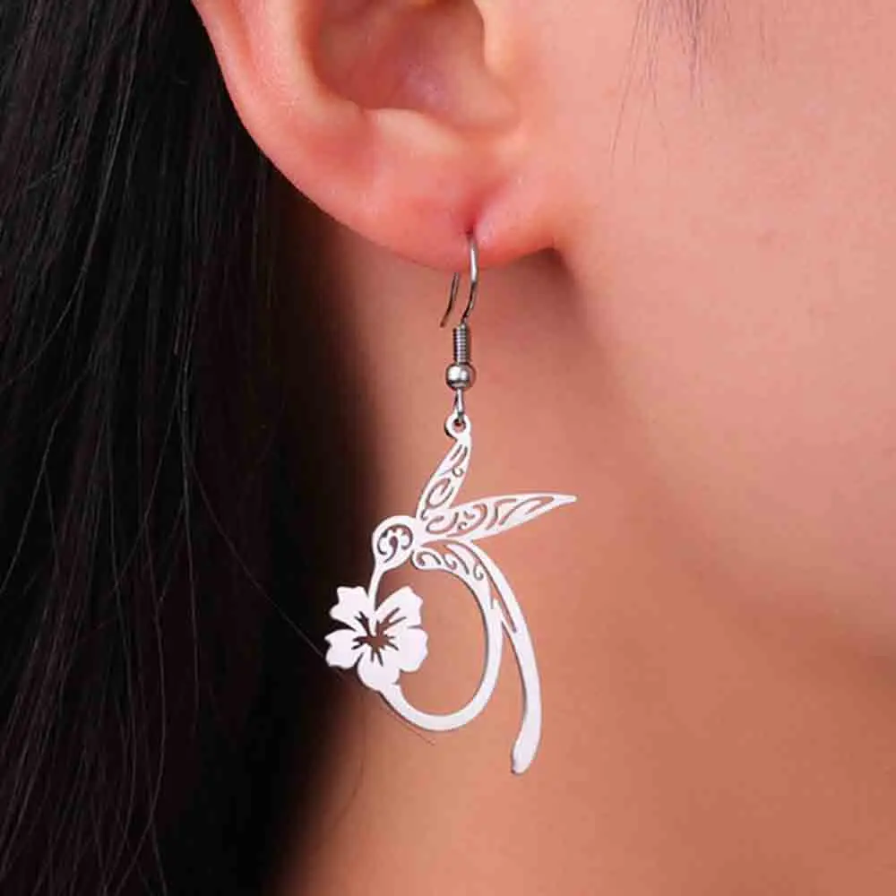 My Shape Hummingbird and Flowers Earrings for Women Girls Stainless Steel Birds Floral Pendant Drop Earrings Fashion Jewelry