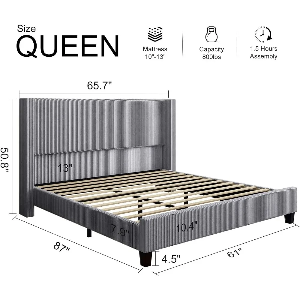 Queen Size Bed Frame, Wingback Beds with 50.8" Headboard, No Box Spring Needed, Noise Free, Upholstered Platform Bed Frame