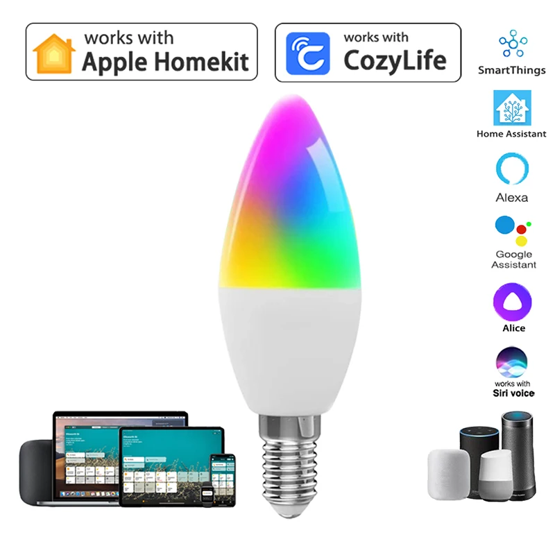 HomeKit Candle Light WiFi Smart Dimmable RGBCW E12 E14 LED Bulbs APP Siri Alexa Google SmartThings Voice Control Discoloration smart led light bulbs