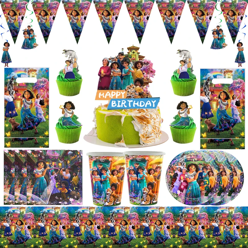 

Encanto Theme Birthday Party Decorations Tableware Cup Plate Napkin Tablecloth Pennant Cake Toppers Card Gift Bag 92pcs/lot