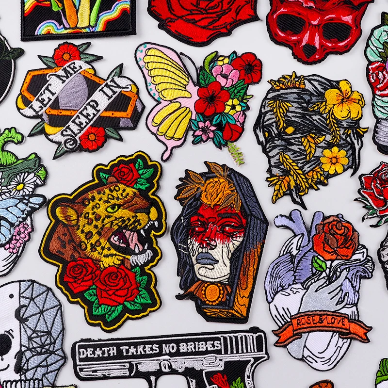 Punk skull, floral, and animal iron-on embroidered patches for DIY jackets, bags, and vests