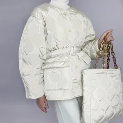 Ardm Casual O-Neck Button-Up Belt Cotton ΠΊΡΡΡΠΊΠ° ΠΆΠ΅Π½ΡΠΊΠ°Ρ ΠΎΡΠ΅Π½Π½ΡΡ Quilted Winter Coat Women Long Sleeve Pockets Top Warm Jacket