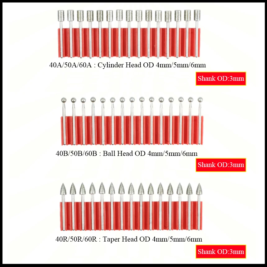 

R Type 4mm 5mm 6mm Taper Head OD 3mm Shank OD Abrasive Carving Machine Jade Grinding Buffing Drill Tool Diamond Polishing Head
