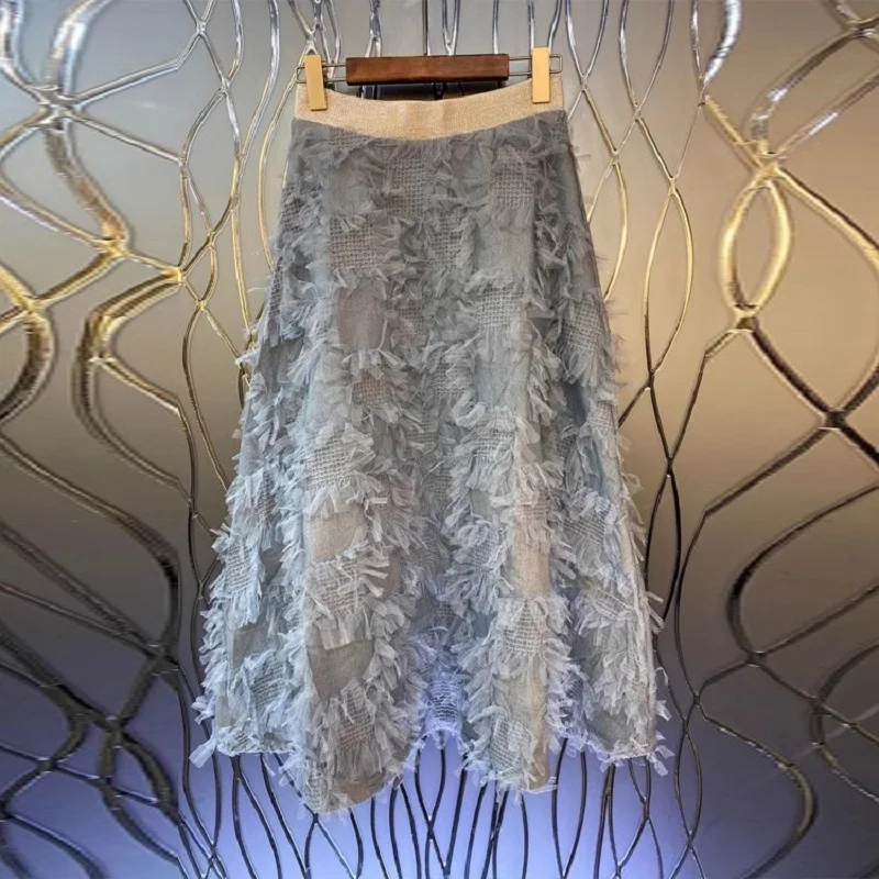 

New 2023 Autumn Fashion Long Skirts High Quality Ladies Elastic Waist Cascading Ruffle Lace Patchwork Casual Party Club Skirt