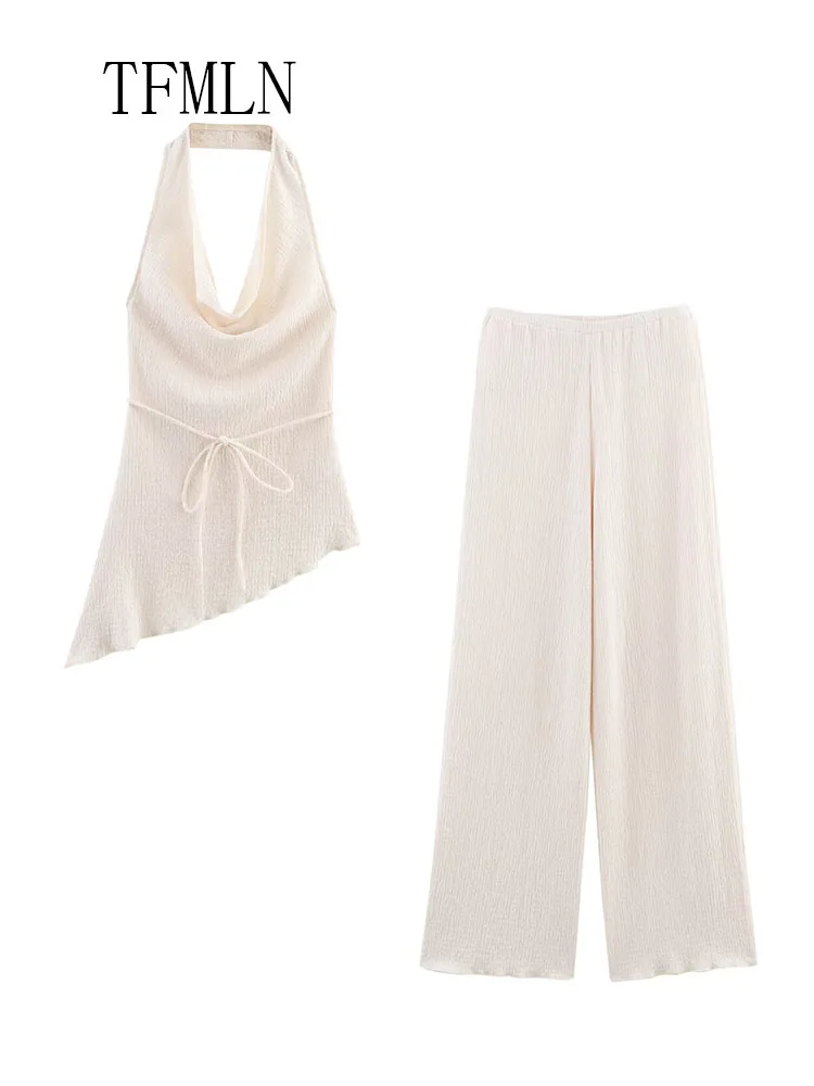 TFMLN 2025 Women Causal Halter Top Pant Sets Summer Fashion Asymmetrical Backless Camis Top Elastic Waist Straight Pant Outfits