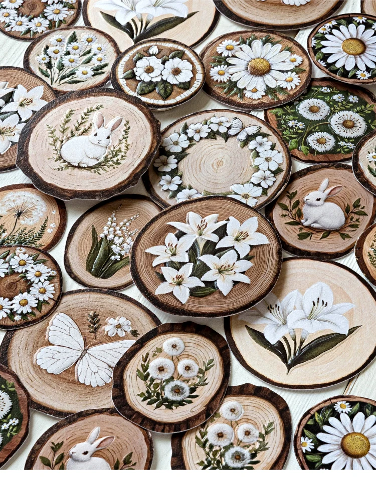 15 Stück Vintage Relief Holzpfahl Blumen Aufkleber Holzmaserung Papiermaterial DIY Scrapbooking Junk Journal Aufkleber Briefpapier – Detail 1