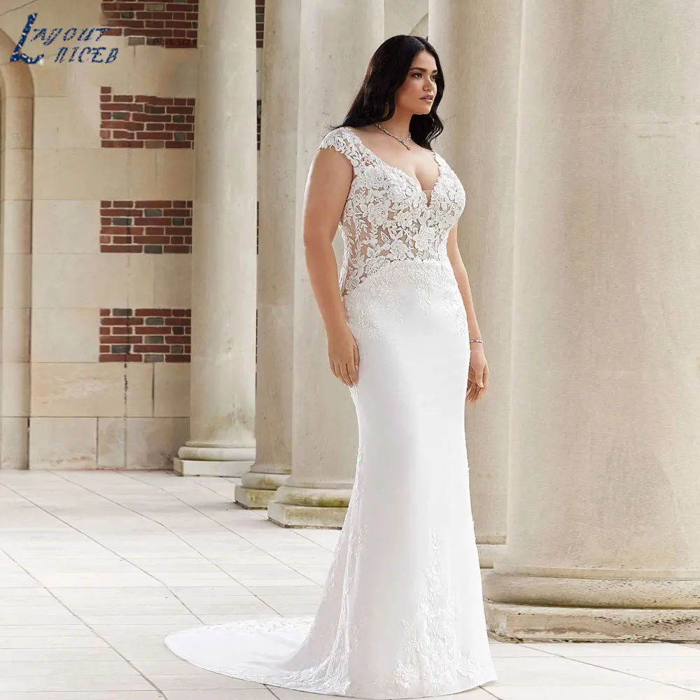 

LAYOUT NICEB Sexy Mermaid Plus Size Wedding Dresses Vintage V Neck Cap Sleeves Bride Gowns Applique Custom Made Vestido De Novia