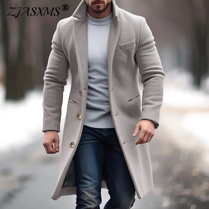 Men's Winter Suit Collar Mid-length Jacket Casual Single Breasted Pocket Woolen Coat Autumn Long Sleeve Daily Top Outerwears Man men woolen coat