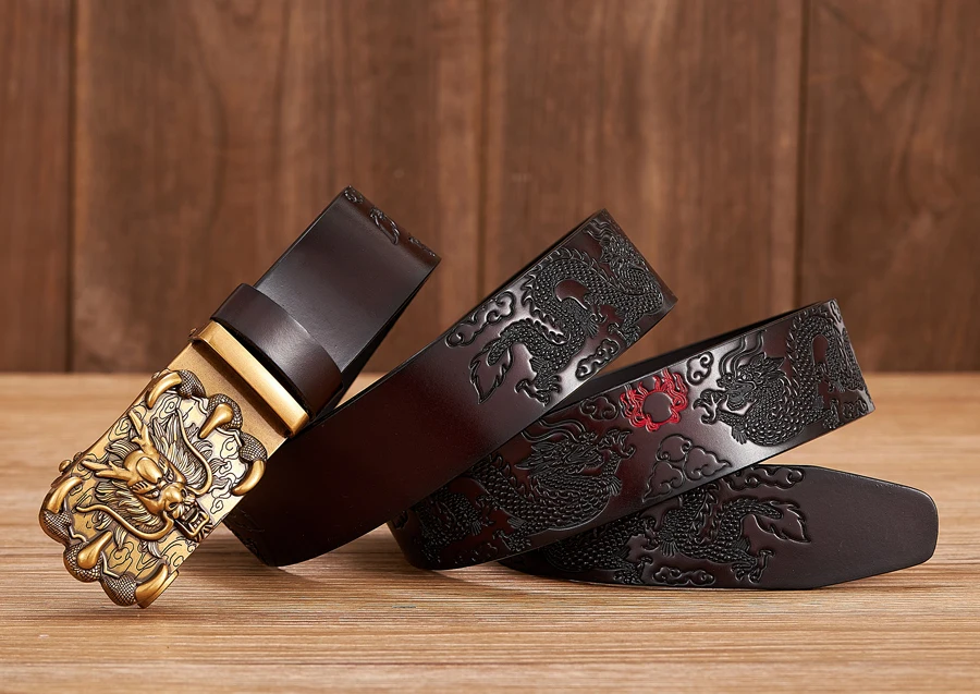 Men Belt Genuine Leather New High Quality Cowhide Handmade Men Waistbands Chinese Dragon Pressed Straps Male Designer Belts