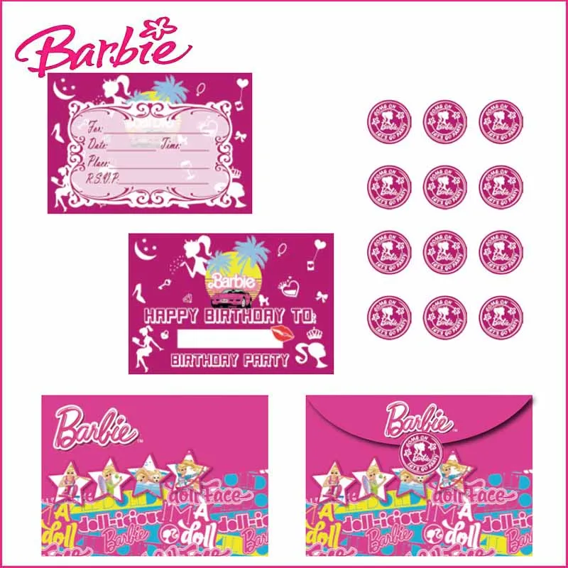 Cartes d'invitation Mininstants Barbie, thème rose, fournitures de fête d'anniversaire, cartes d'invitation de Noël, autocollants d'enveloppe, nouveau