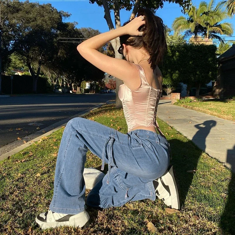 Ruched Drawstring Cargo Women Pants 2024 Y2K Blue Classic Jeans Retro Sashes Denim Pants Women Big Pockets Trousers Streetwear