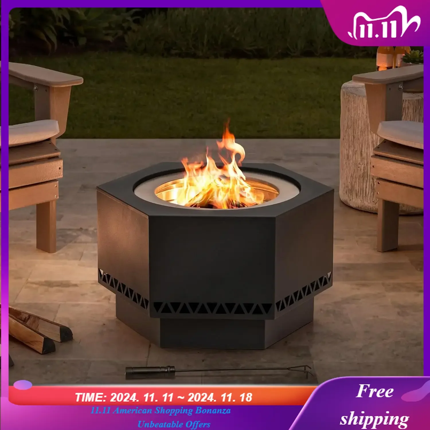 Fire Pit Smokeless 28 in. Hexagonal Outdoor Fire Pit, Patio Wood Burning Smokeless Firepit w/PVC Cover and Fire Poker,