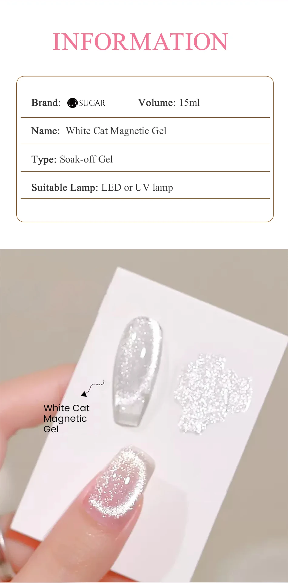 Description Picture 6 of itemUR SUGAR 15ml White Cat Magnetic Gel Bright Color Nail Polish Galactic Effect Moonlight Magnetic Gel Crystal Gel Polish For Nail