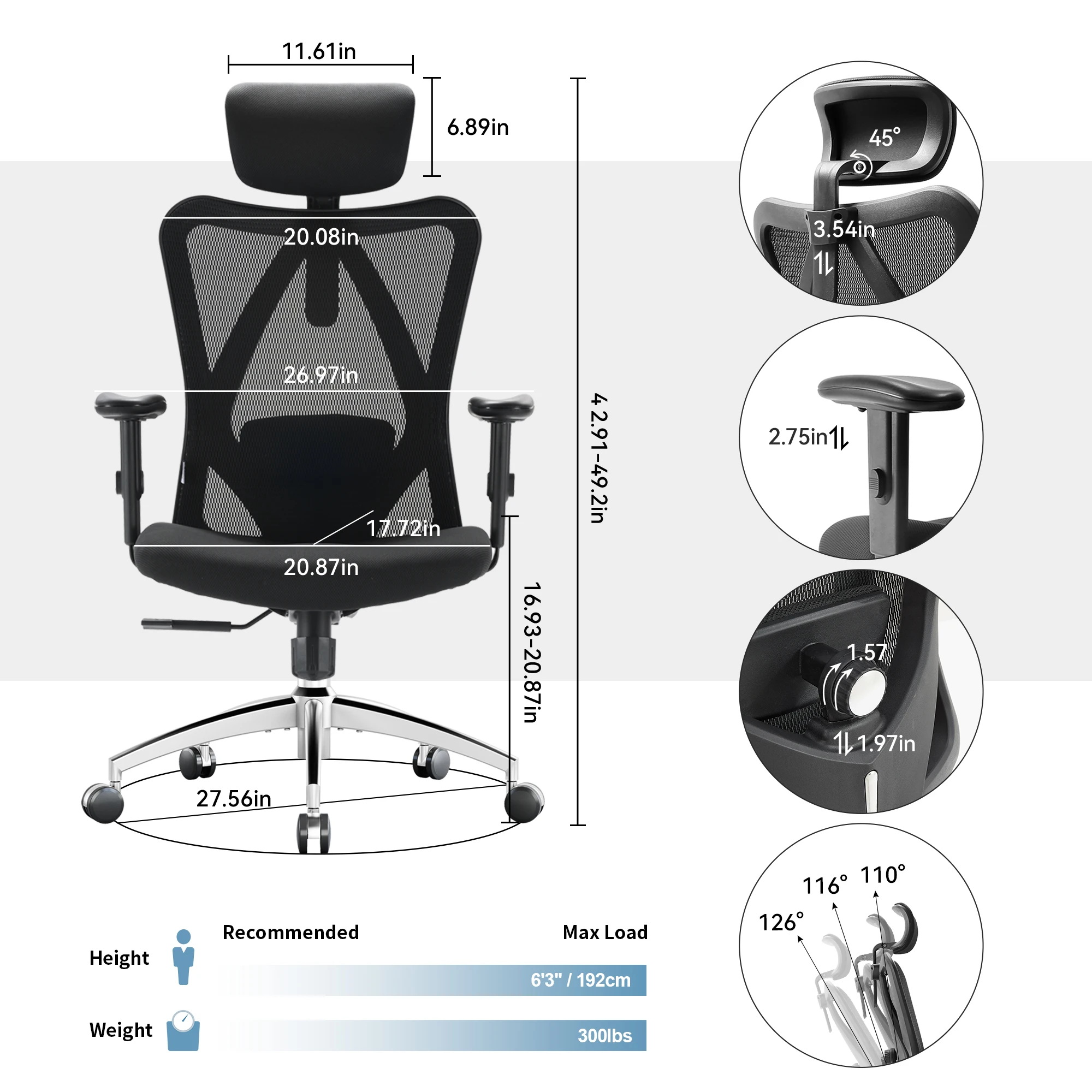 SIHOO M18 Ergonomic Office Chair for Big And Tall People Adjustable Headrest 2D Armrests Lumbar Support PU Wheels Swivel Feature 6