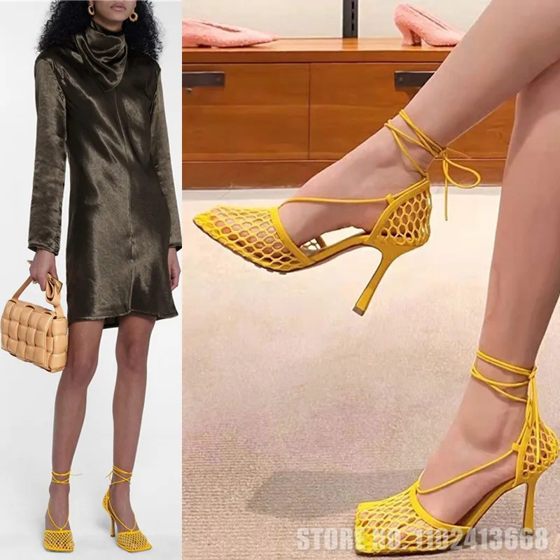 

Fashion Sexy Cowhide Mesh Pumps Sandals Female Square Toe High Heel Lace Up Cross-Tied Stiletto Hollow Dress Stripper Shoes