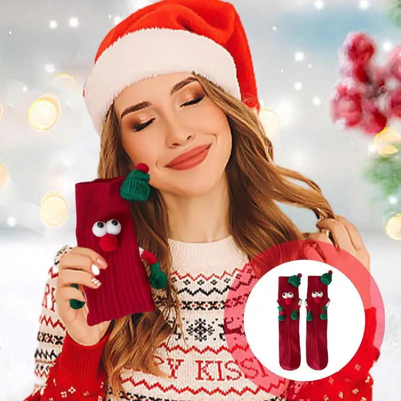 Christmas Women's Socks Cartoon Cute Christmas Middle Tube Socks Funny Couple Holding Hands Magnetic Funny Xmas Gift