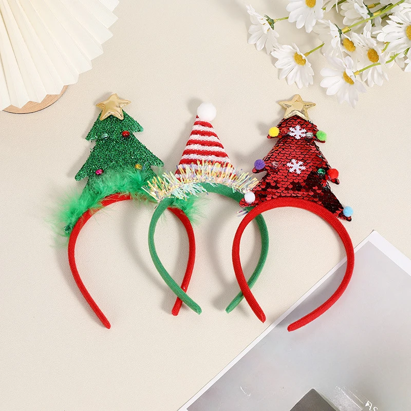 3PCSChristmas three-dimensional Christmas tree headband, party dress feather headband, Christmas gift random style