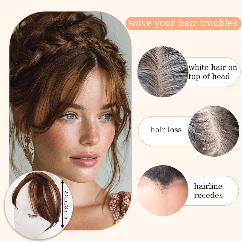 Synthetic Braided Headband with Hair Bangs Wig Brown Side-swept bangs with Handmade Braided Hairband Hairpiece for Women Use