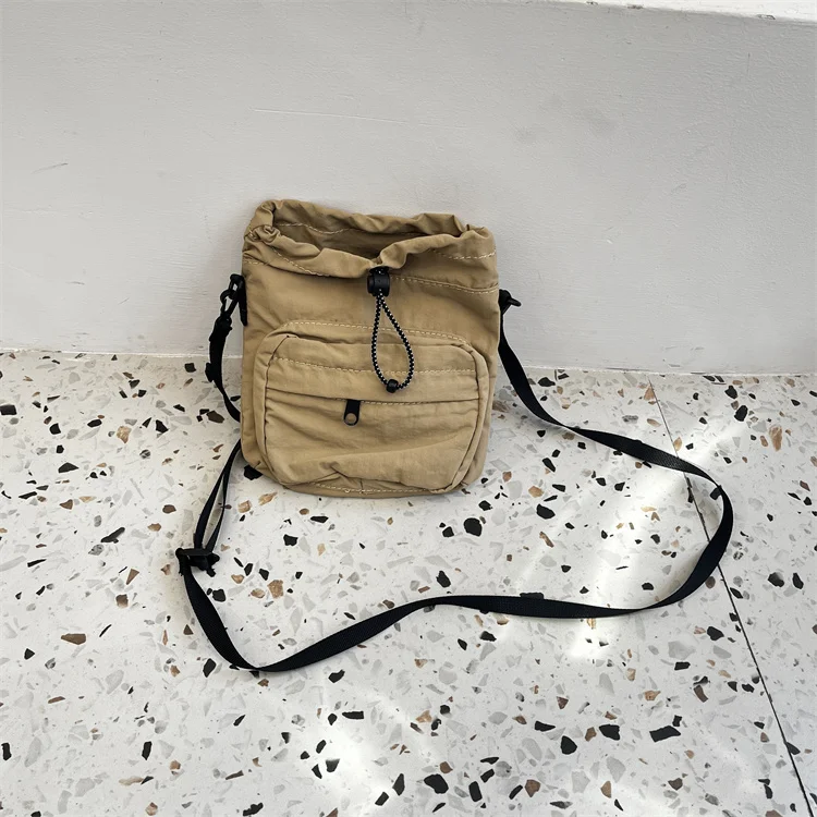 Daily Casual Drawstring Small Canvas Bag Simple and Soft Shoulder Messenger Bag for Women