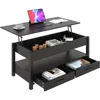 Coffee Table,Lift Top Coffee Table with Hidden Compartment,2 Drawers and 1 Open Shelf, Retro Central Wooden Table Lift Tabletop 1
