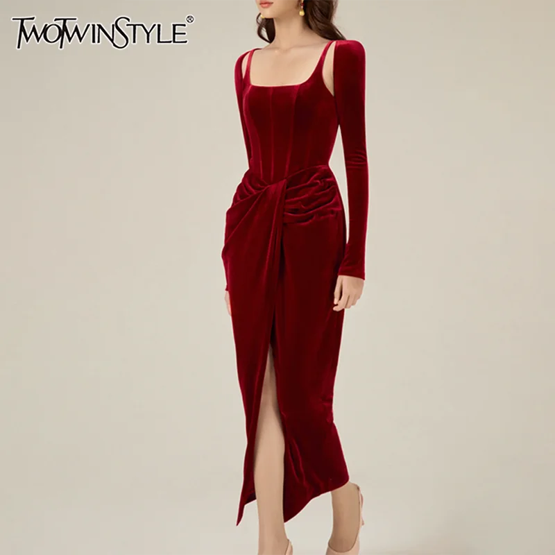 TWOTWINSTYLE-Solid-Patchwork-Folds-Elegant-Dresses-For-Women-Square ...