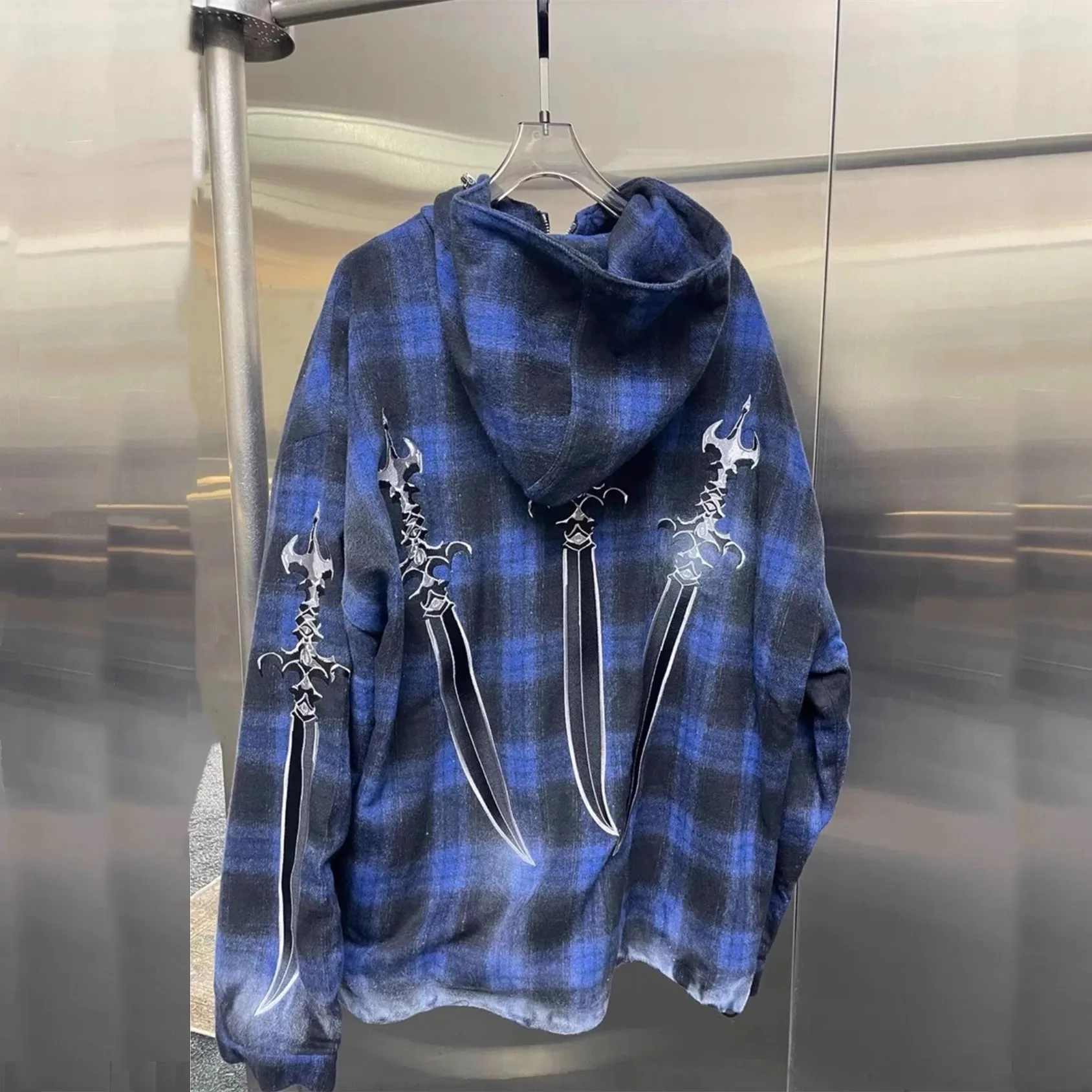 2025 Thug Club blue checkered embroidered hooded painted zipper jacket WY1103 3