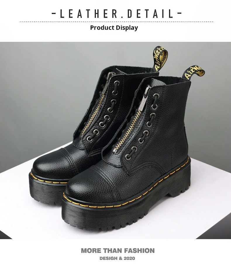 Women Leather Boots - Retro Platform Motorcycle Ankle Boots With Front Zipper