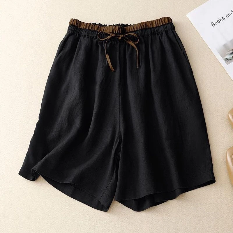 Summer Cotton Linen Elasticized High-waisted Patchwork Pockets Fashion Solid Color Loose Women's 2024 All-match Casual Shorts