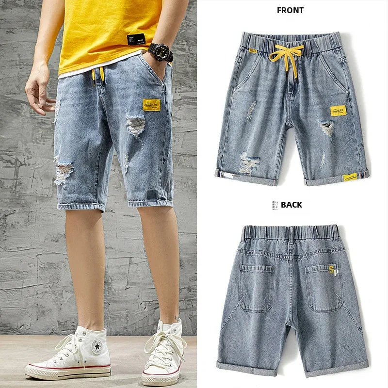 Men Jeans Summer Denim Shorts Men Trendy Ripped Elastic Waist Loose Fit Casual 5 Minute Length Middle Pants