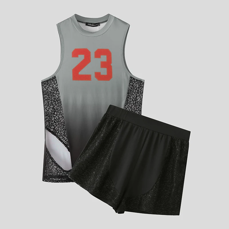 INCERUN Men Sets Printing Lace Patchwork Gradient Tank Tops & Shorts Two Pieces Sets Streetwear Sexy See Through Men's Suits