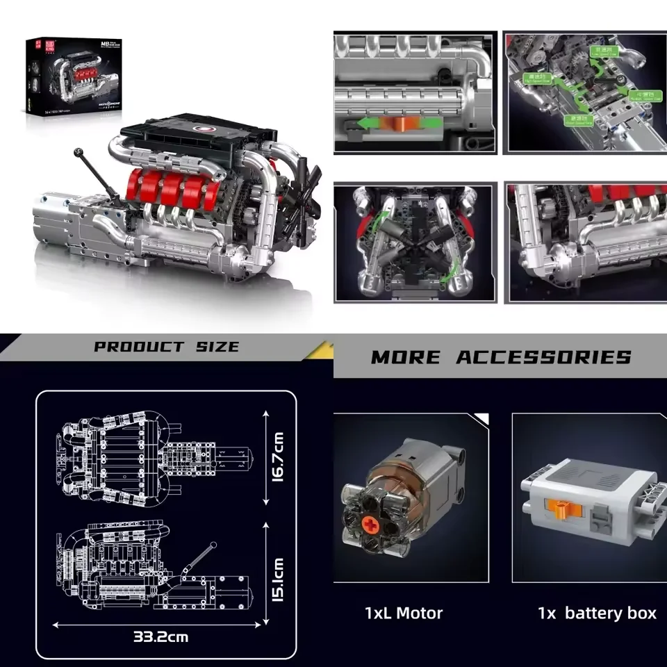 몰드 킹 LSX454 V8 V12 W12 엔진 모터라이즈드 시뮬레이션 모델 전동 구동 블록 테크니컬 자동차 부품 장난감 선물
