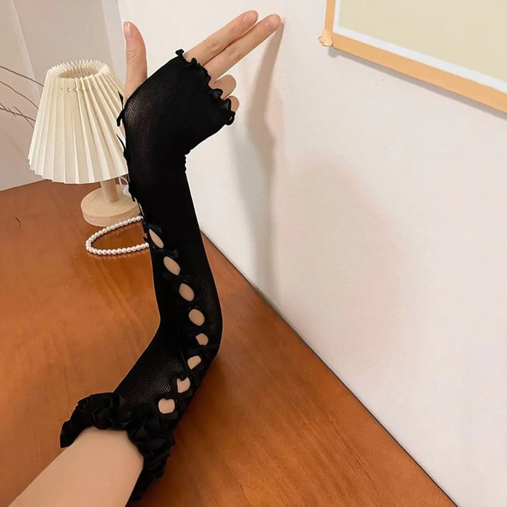 

Elegant Gothic Balletcore Jk Driving Elbow Bandage Ruffles Party Fingerless Gloves Sunscreen Sleeve Tulle Mittens Lace Gloves