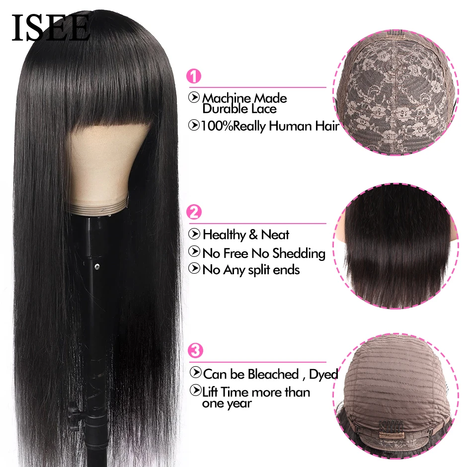 ISEEHAIR Machine Made Sew In Wig Human Hair Straight Wig Malaysian Straight With Bang Natural Color For Women Wigs No Glue