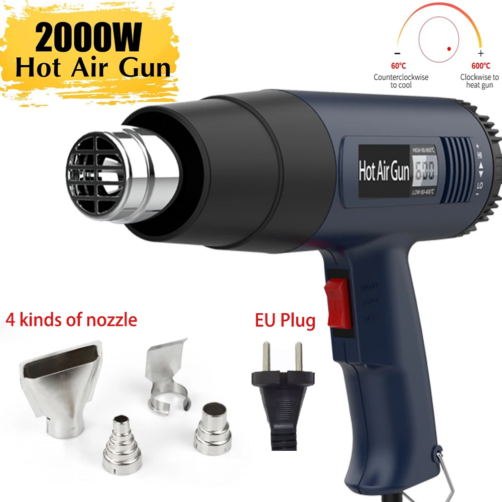 2000W Digtal LCD Display Heat Gun Industrial Electric Hot Air Gun Shrink Wrapping Thermal Heater Air Dryer For Soldering Iron