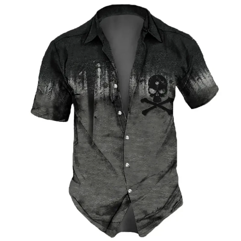 Short Sleeved Shirt Men Lapel Streetwear Vintage Skull Hip Hop Party Summer Casual Hawaiian